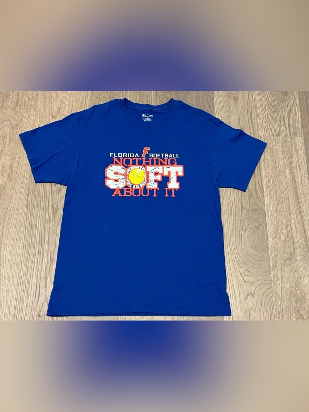 L Champion Blue Florida GATORS SOFTBALL Top Tee Shirt UF NOTHING SOFT ABOUT IT